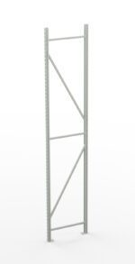 A metallic shelving frame with vertical supports and diagonal cross braces, standing against a plain white background. The frame is designed for supporting shelves without any shelves attached.