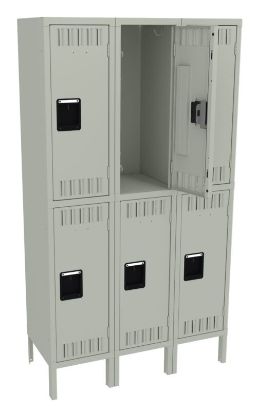 A gray metal locker unit with two rows, each containing three lockers. The top middle locker door is open, revealing an empty interior. The lockers have black handles and small vents near the top and bottom.
