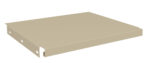 A beige metal shelf bracket with a rectangular shape, angled view showing the flat top and two perpendicular sides with holes for mounting.