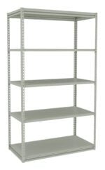A tall, gray metal storage shelf with five adjustable tiers. The shelving unit is empty, showcasing its open shelves and sturdy frame.