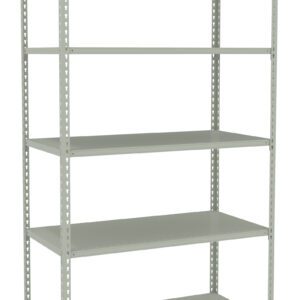 A tall, gray metal storage shelf with five adjustable tiers. The shelving unit is empty, showcasing its open shelves and sturdy frame.