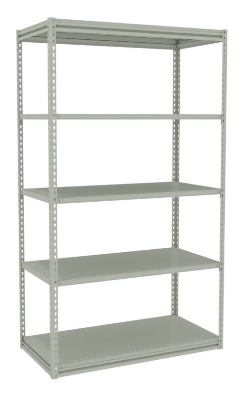 A tall, gray metal storage shelf with five adjustable tiers. The shelving unit is empty, showcasing its open shelves and sturdy frame.