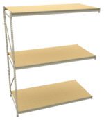 A set of three beige metal shelves with a minimalist design, mounted on a white wall with a metal frame. The shelves are empty and evenly spaced, creating a simple and organized look.