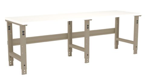 t3q4s2381diuzmvu06uc.jpg A white tabletop supported by a beige, adjustable metal frame with three sets of legs. The frame includes horizontal support bars connecting the legs. The design suggests a sturdy workbench suitable for various tasks.