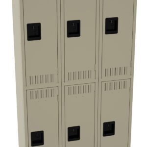 A beige metal locker unit with six individual compartments arranged in two rows of three. Each compartment has a black handle and ventilation slots. The lockers are closed and have a simple, industrial design.