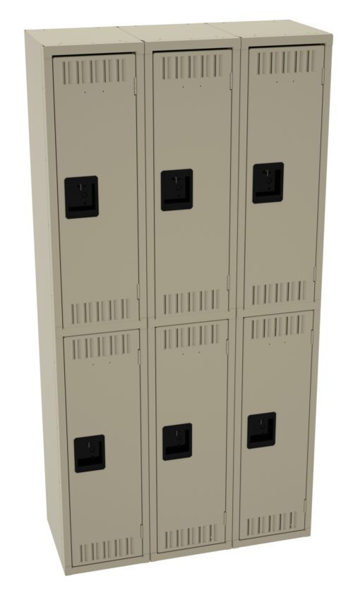 t3wzsiegautnen9jfuzf.jpg A beige metal locker unit with six individual compartments arranged in two rows of three. Each compartment has a black handle and ventilation slots. The lockers are closed and have a simple, industrial design.