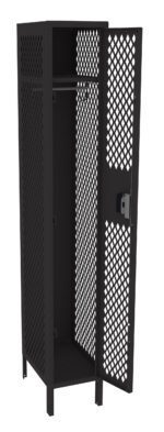 A black, freestanding metal locker with a mesh design. The locker has one open door, revealing an empty interior with a hanging rod. It stands on four short legs.