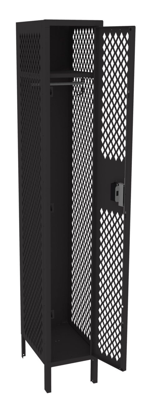 A black, freestanding metal locker with a mesh design. The locker has one open door, revealing an empty interior with a hanging rod. It stands on four short legs.