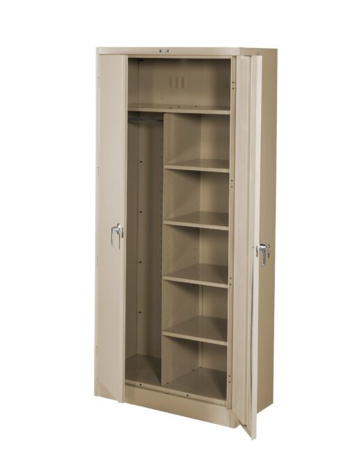 t4y9gv4vxxzxt1fml4o8.jpg Tall beige metal cabinet with double doors slightly open. Inside, one side has five shelves for storage while the other side is open without shelves. Two handles are visible on the doors.