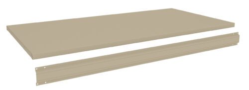 A beige metal shelf panel and a matching horizontal support bar are shown on a white background. The panel is rectangular with a smooth surface, and the support bar is seen below it, featuring small holes on both ends for assembly.