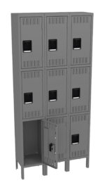 A set of nine gray metal lockers arranged in a 3x3 configuration. Each locker has a vented door with a black handle. The middle locker in the bottom row is open, showing the empty interior.