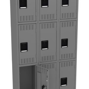 A set of nine gray metal lockers arranged in a 3x3 configuration. Each locker has a vented door with a black handle. The middle locker in the bottom row is open, showing the empty interior.