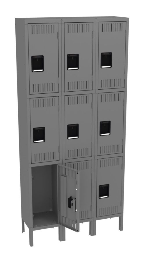 A set of nine gray metal lockers arranged in a 3x3 configuration. Each locker has a vented door with a black handle. The middle locker in the bottom row is open, showing the empty interior.