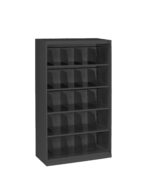 A black metal shelving unit with five horizontal shelves, each divided into sections for storage or organization. The unit is empty, standing on a white background.