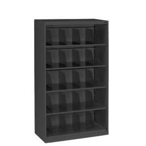 A black metal shelving unit with five horizontal shelves, each divided into sections for storage or organization. The unit is empty, standing on a white background.
