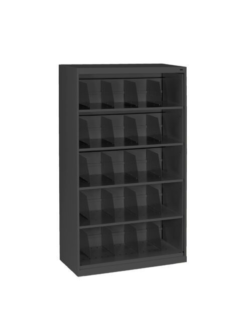 A black metal shelving unit with five horizontal shelves, each divided into sections for storage or organization. The unit is empty, standing on a white background.