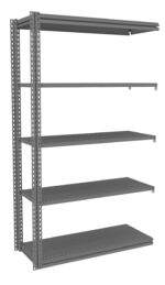 A tall, metal shelving unit with six empty shelves, shown from a three-quarter angle. The shelves are evenly spaced and supported by vertical beams with small holes along their length. The entire unit is a uniform gray color.