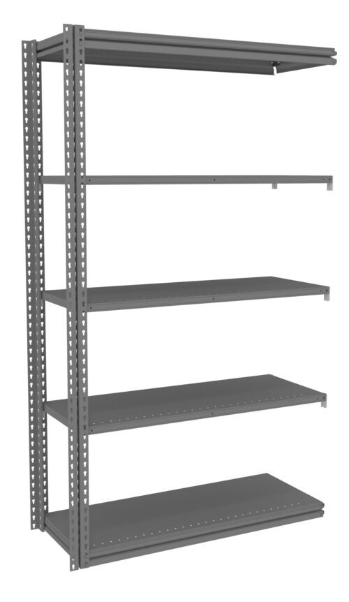 t6tydnwhltkbfqjfwwx3.jpg A tall, metal shelving unit with six empty shelves, shown from a three-quarter angle. The shelves are evenly spaced and supported by vertical beams with small holes along their length. The entire unit is a uniform gray color.