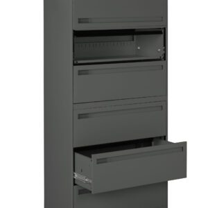 Tall, dark gray metal filing cabinet with five horizontal drawers. The second drawer from the top is open, featuring a lock. The bottom drawer is also partially open, showcasing railings for file organization.