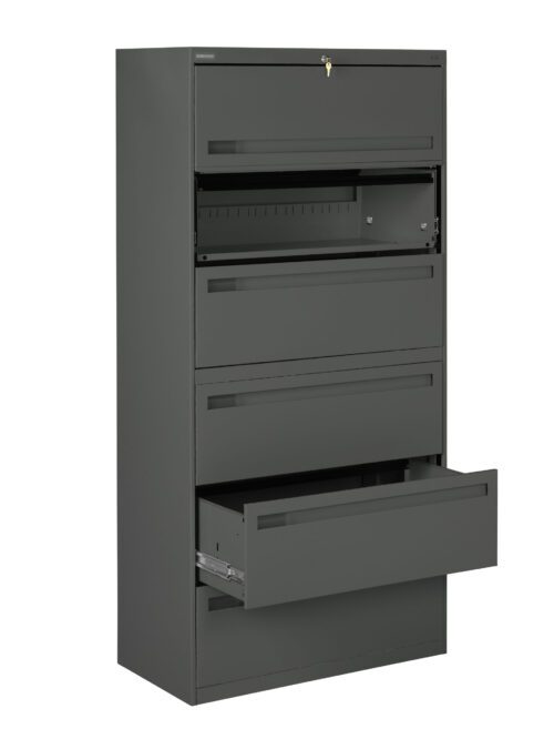 Tall, dark gray metal filing cabinet with five horizontal drawers. The second drawer from the top is open, featuring a lock. The bottom drawer is also partially open, showcasing railings for file organization.