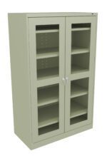 A green metal storage cabinet with two glass doors, each featuring silver handles. The interior is visible, showing multiple adjustable shelves and empty storage space inside.