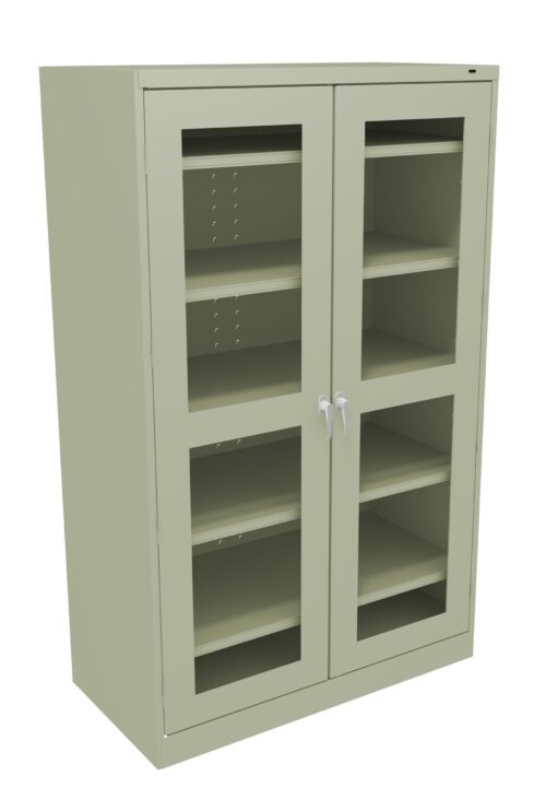t7guuvht3nqkkmegzodw.jpg A green metal storage cabinet with two glass doors, each featuring silver handles. The interior is visible, showing multiple adjustable shelves and empty storage space inside.