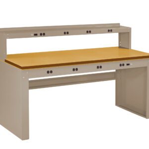 A workbench with a light brown top and a gray metal frame. It features an integrated shelf above the main work surface and multiple electrical outlets along the front edge and shelf.