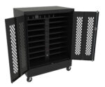A black mobile storage cabinet with two perforated doors open, revealing multiple horizontal shelves inside. The cabinet is on wheels and has a vertical power strip in the center.