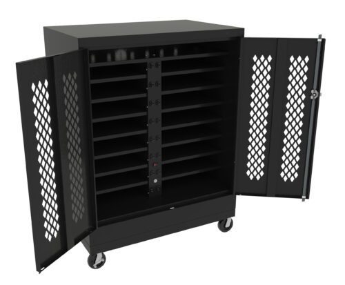 t7jmxavxshst6edkwjp0.jpg A black mobile storage cabinet with two perforated doors open, revealing multiple horizontal shelves inside. The cabinet is on wheels and has a vertical power strip in the center.
