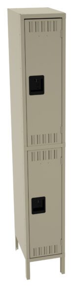 A tall, beige metal locker with two doors, each featuring a black handle. The locker is standing on four legs and has ventilation slots near the top and bottom of each door.