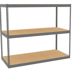 A three-tier metal shelving unit with a gray frame and light brown wooden shelves. The unit is empty and stands against a white background, showcasing its sturdy design and ample storage space.