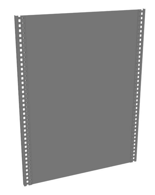 A digital rendering of a tall, rectangular gray metal panel. It is supported by two vertical perforated beams on each side. The panel appears to be part of a modular or industrial structure, possibly used for shelving or support.