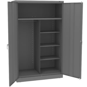 Gray metal storage cabinet with open doors, featuring multiple shelves on the right side and a hanging rod on the left. The cabinet has a minimalist design and sturdy handles.
