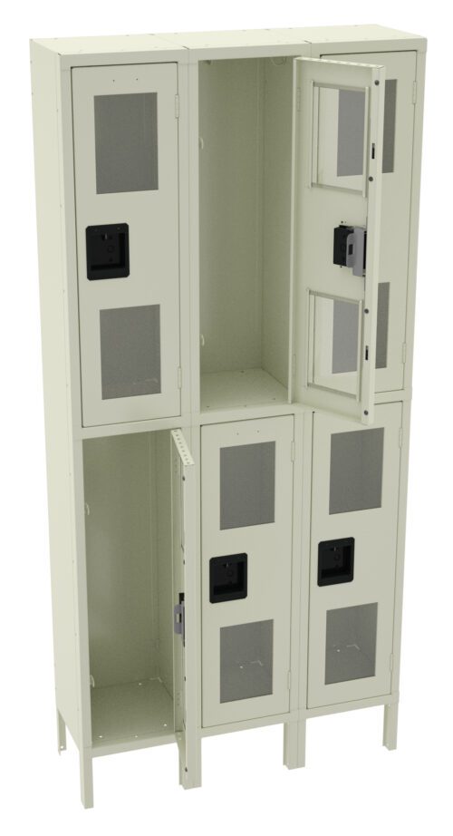 t9b4zb32hexiqpp7s6zt.jpg A beige, six-compartment storage locker with transparent windows and black handles. Two doors are open, revealing empty interior spaces. The locker is elevated on legs, with three compartments stacked on top of three others.
