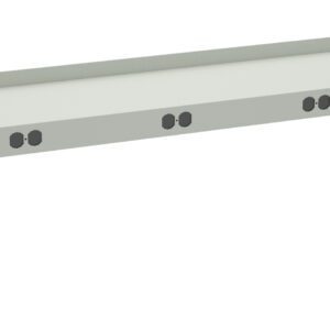 A long, light gray metal power strip with several electrical outlets evenly spaced along its length. It has brackets on both ends for mounting on a surface.