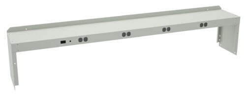taaogclh5df9gfjaa4xa.jpg A long, light gray metal power strip with several electrical outlets evenly spaced along its length. It has brackets on both ends for mounting on a surface.