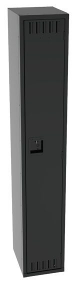 Tall, narrow, black metal locker with a vented door and a rectangular handle.