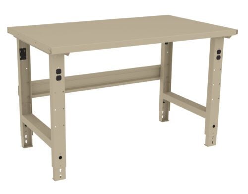 A beige adjustable workbench with a flat rectangular surface and sturdy metal legs. The legs have multiple holes, allowing for height adjustments. The design is simple and functional, suitable for workshops or garages.