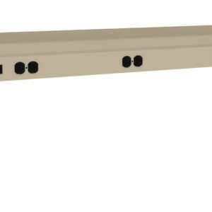 A beige metal power strip with multiple outlets is mounted in an angular frame. It features a power switch with an indicator light on the left side. The design is suitable for integrating into workstations or industrial settings.