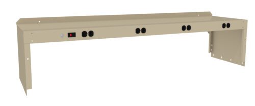 taxackqlbpvdbrzzwza6.jpg A beige metal power strip with multiple outlets is mounted in an angular frame. It features a power switch with an indicator light on the left side. The design is suitable for integrating into workstations or industrial settings.