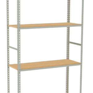 A freestanding metal shelving unit with four wooden shelves. The frame is light gray, and the shelves are evenly spaced. The unit is empty and positioned against a plain white background.