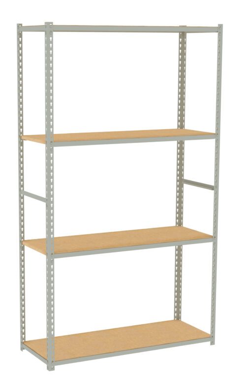 tay1qe0srefgttltbwnb.jpg A freestanding metal shelving unit with four wooden shelves. The frame is light gray, and the shelves are evenly spaced. The unit is empty and positioned against a plain white background.