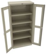 Open metal storage cabinet with two doors, featuring five empty shelves. The cabinet is beige and the doors have clear glass panels and a locking mechanism.