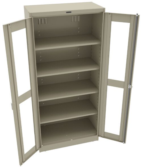 tb2nr3ac8maeuvsbbkki.jpg Open metal storage cabinet with two doors, featuring five empty shelves. The cabinet is beige and the doors have clear glass panels and a locking mechanism.