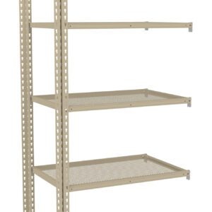 Metal shelving unit with five adjustable shelves, shown on a white background. The shelves have a mesh design, and the structure is supported by perforated vertical beams for height adjustment.