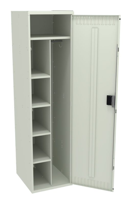 Tall, light-gray metal cabinet with five shelves and an open door. Door includes a black handle and vertical ridges. The cabinet interior has a section with a coat hook on the right, next to the shelving unit.