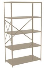 A large beige metal shelving unit with five adjustable shelves. It features a sturdy frame with cross-bracing for support. The shelves are empty, and the unit is set against a plain white background.