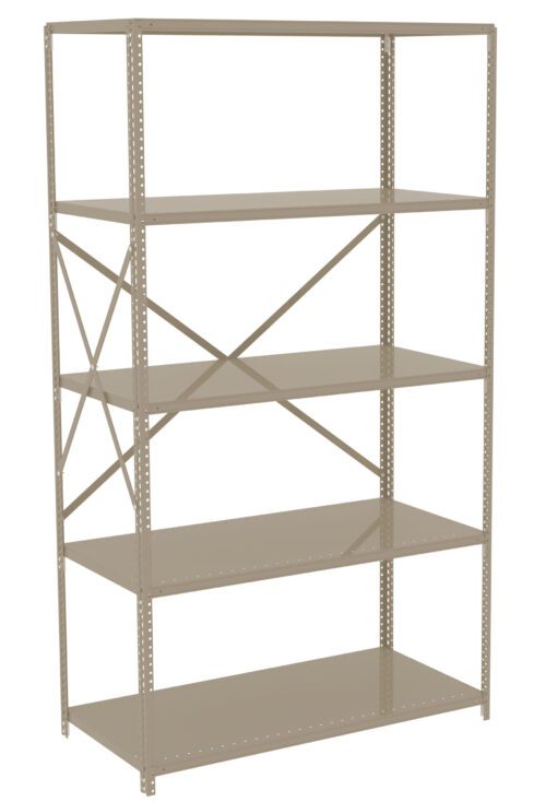 A large beige metal shelving unit with five adjustable shelves. It features a sturdy frame with cross-bracing for support. The shelves are empty, and the unit is set against a plain white background.