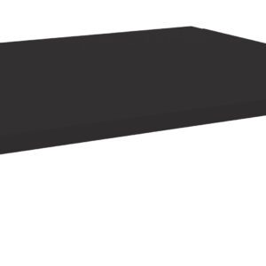 Black rectangular monitor stand with a minimalist design, featuring a slightly elevated platform with open sides and a subtle lip on the front edge.