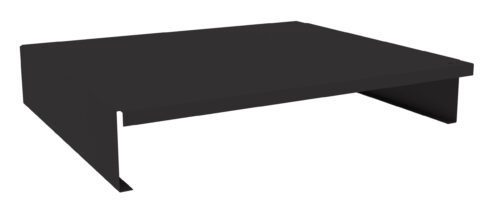 Black rectangular monitor stand with a minimalist design, featuring a slightly elevated platform with open sides and a subtle lip on the front edge.